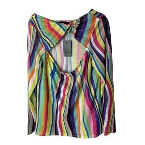 NEW Eloquii Blouse Size 14 16 Rainbow Colors Long Sleeves Stretch Semi-Sheer